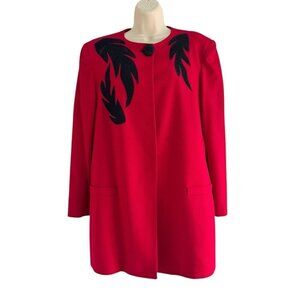 Vintage 80s Lilli Ann Women's Sz M Red Wool Black Embellished Open Blazer Jacket